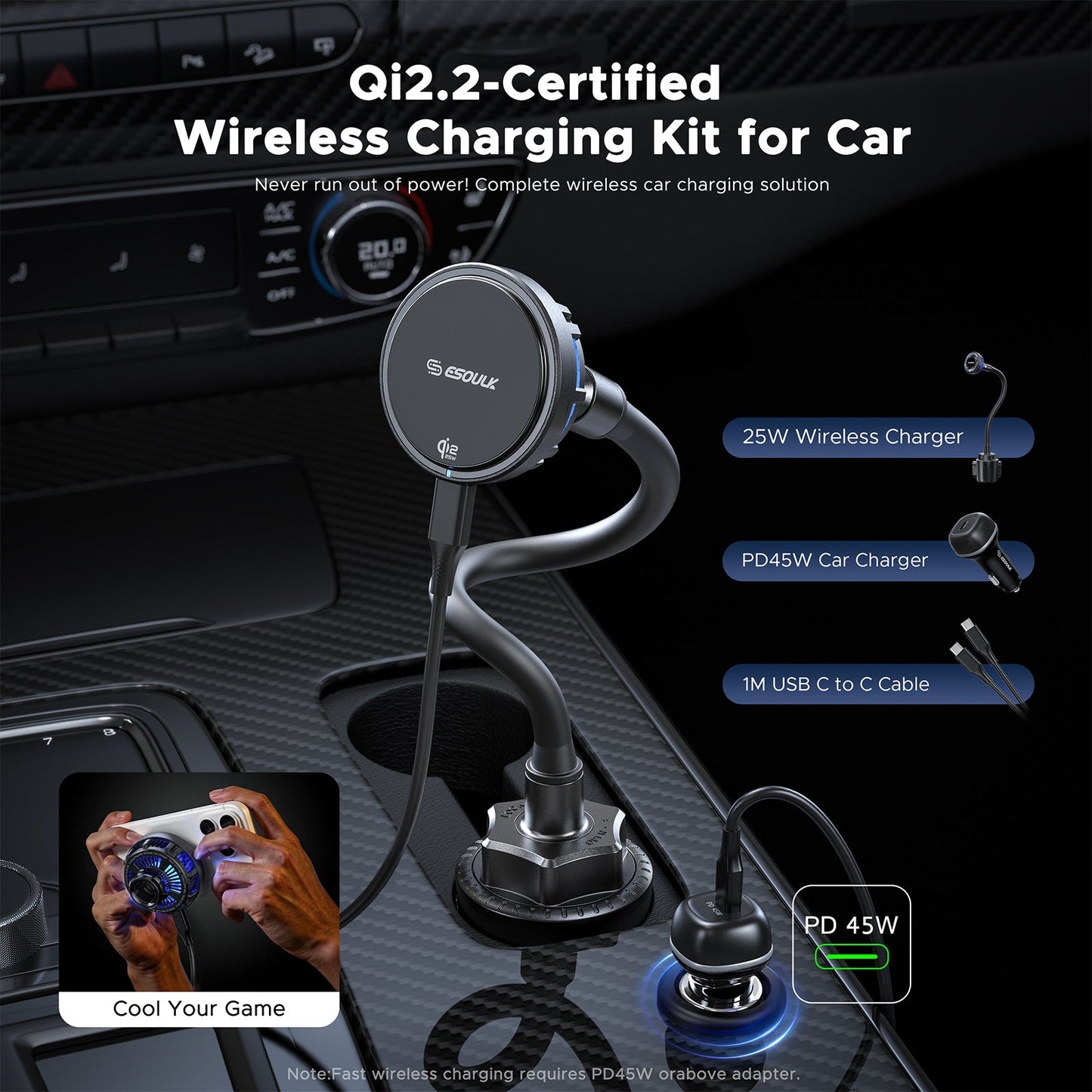 ESOULK 25W Qi2.2 magnetic wireless car charger with gooseneck cup holder mount – what's in the box
