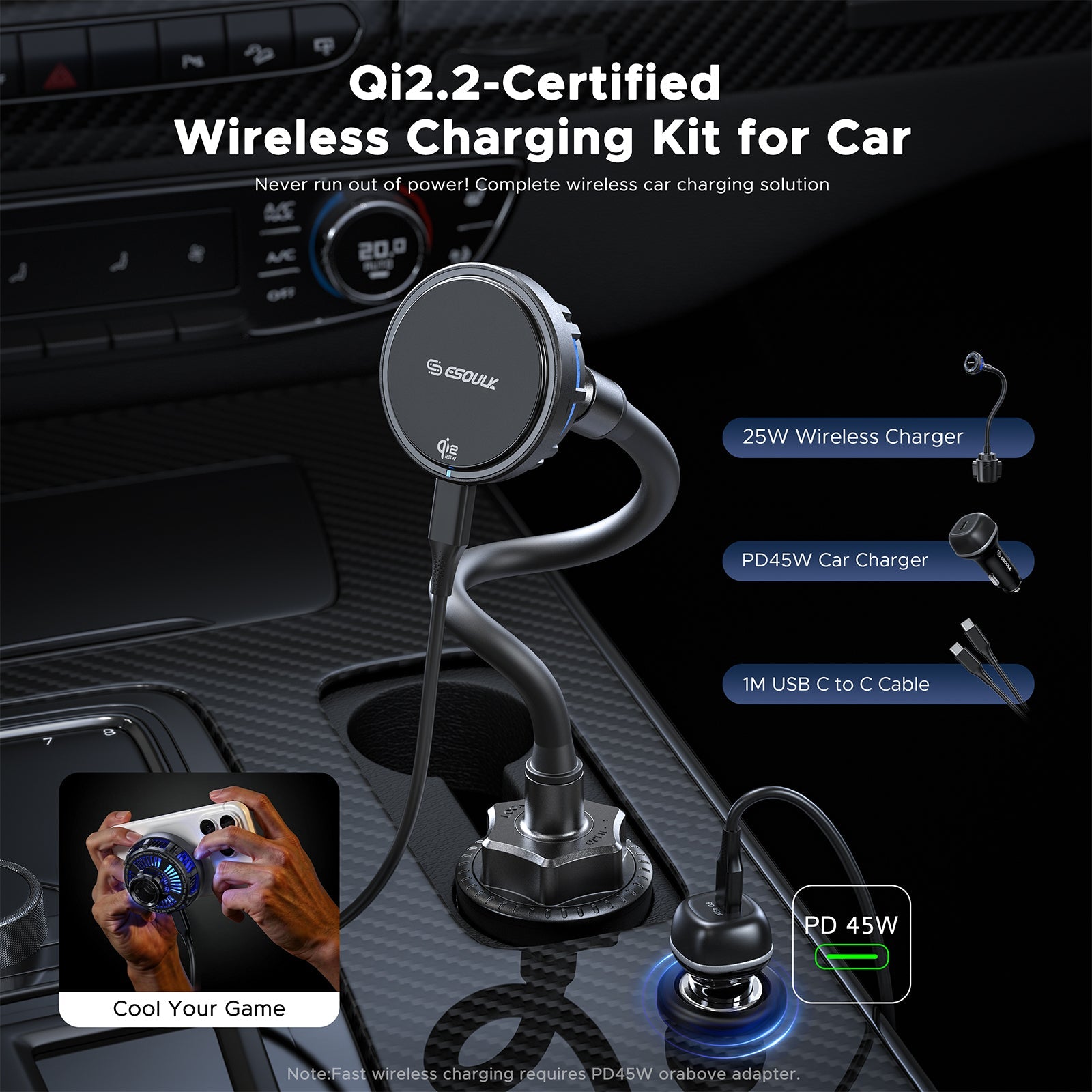 ESOULK 25W Qi2.2 magnetic wireless car charger with gooseneck cup holder mount – what's in the box