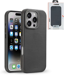 xBase by PowerPeak Leather MagSafe Case for iPhone 16 Pro Max - Black – installed on iPhone next to retail box