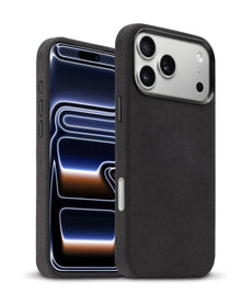 xBase by PowerPeak Suede MagSafe Case for iPhone 17 Pro Max - Black – installed on iPhone, alternate angle