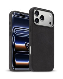 xBase by PowerPeak Suede MagSafe Case for iPhone 17 Pro Max - Black – installed on iPhone, angled front and back