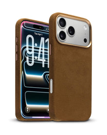 xBase by PowerPeak Suede MagSafe Case for iPhone 17 Pro Max - Brown – installed on iPhone, angled front and back
