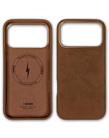 xBase by PowerPeak Suede MagSafe Case for iPhone 17 Pro Max - Brown – back view pair showing MagSafe ring logo